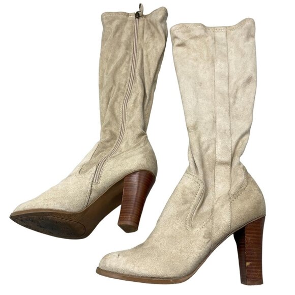faux suede mid calf high heel boot 3 1/2" heel size 7 leg zips light brown READ - Picture 1 of 9